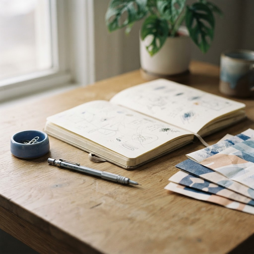 Rain-speckled studio window, desk lamp, and production notes