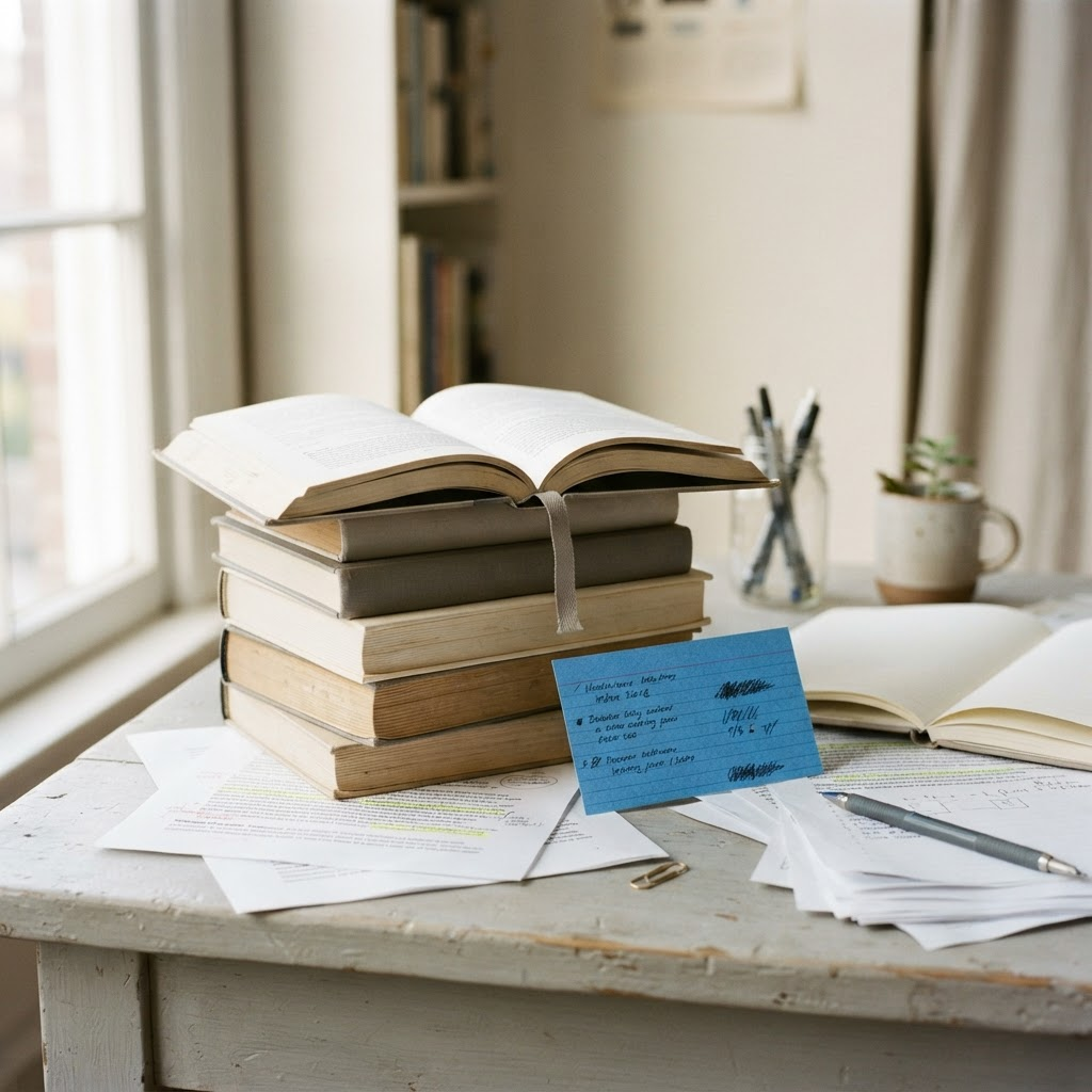 Stacked books, research notes, and a blue index card