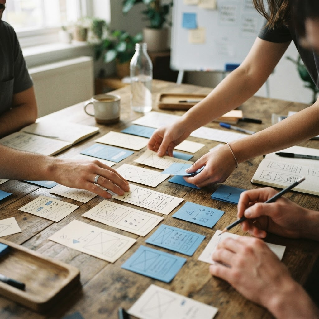 Hands arranging paper cards in a product workshop